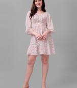 Cream printed polyester short-dresses