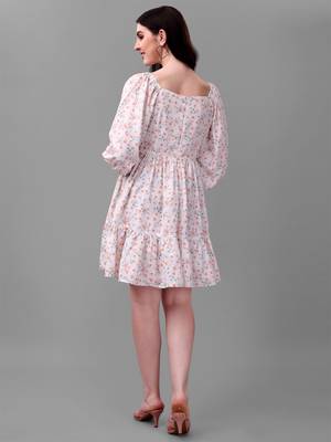 Cream printed polyester short-dresses 2