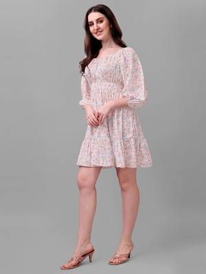 Cream printed polyester short-dresses 3