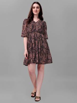 Black printed polyester short-dresses 1