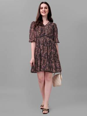 Black printed polyester short-dresses 5