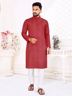 Men's Red Cotton Blend Printed Straight Kurta. 1