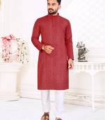 Men's Red Cotton Blend Printed Straight Kurta.