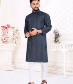 Men's Navy Blue Cotton Blend Printed Straight Kurta.