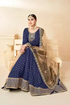 Navy-blue embroidered taffeta salwar kameez