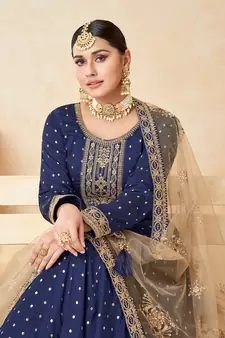 Navy-blue embroidered taffeta salwar kameez