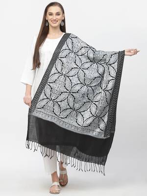 Crewel Black & Grey Floral Embroidered Polywool Stole 1