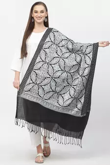 Crewel Black & Grey Floral Embroidered Polywool Stole
