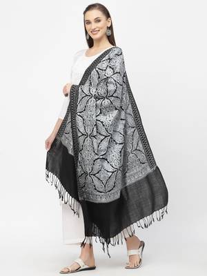 Crewel Black & Grey Floral Embroidered Polywool Stole 2