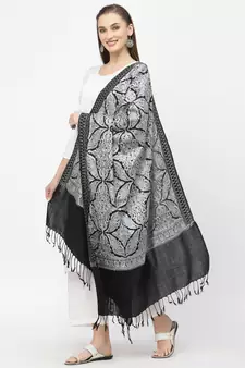 Crewel Black & Grey Floral Embroidered Polywool Stole