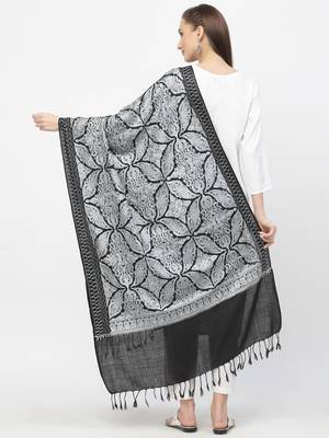 Crewel Black & Grey Floral Embroidered Polywool Stole 3