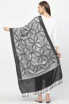 Crewel Black & Grey Floral Embroidered Polywool Stole