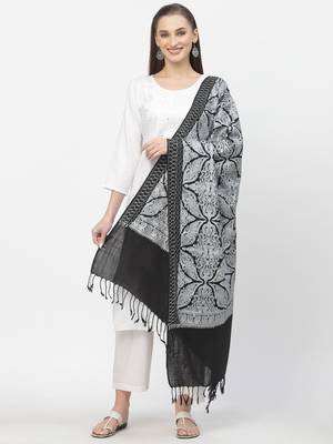 Crewel Black & Grey Floral Embroidered Polywool Stole 4