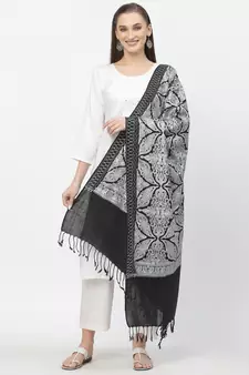 Crewel Black & Grey Floral Embroidered Polywool Stole