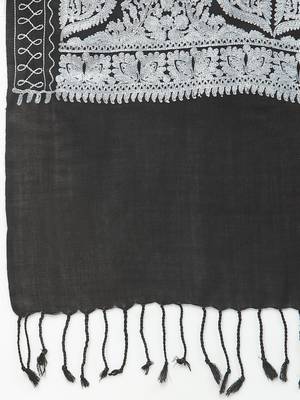Crewel Black & Grey Floral Embroidered Polywool Stole 5