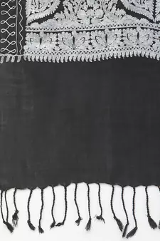 Crewel Black & Grey Floral Embroidered Polywool Stole