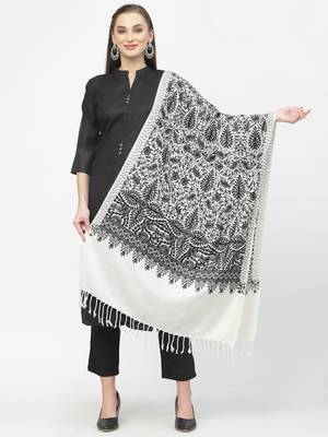 Crewel White & Black Floral Embroidered Polywool Stole 1