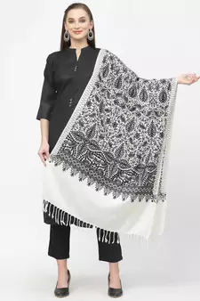 Crewel White & Black Floral Embroidered Polywool Stole