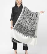 Crewel White & Black Floral Embroidered Polywool Stole