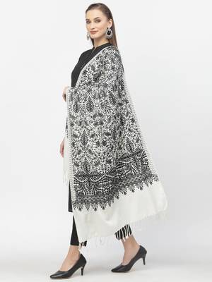 Crewel White & Black Floral Embroidered Polywool Stole 2