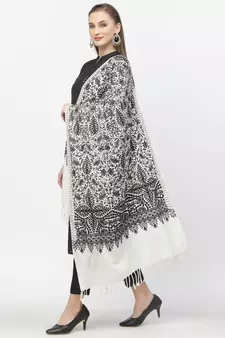 Crewel White & Black Floral Embroidered Polywool Stole