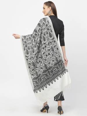 Crewel White & Black Floral Embroidered Polywool Stole 3