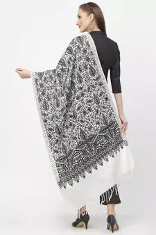 Crewel White & Black Floral Embroidered Polywool Stole