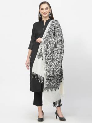Crewel White & Black Floral Embroidered Polywool Stole 4