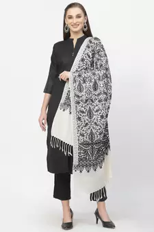 Crewel White & Black Floral Embroidered Polywool Stole