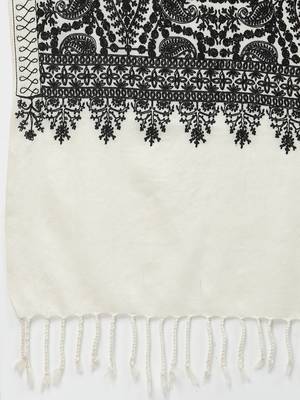 Crewel White & Black Floral Embroidered Polywool Stole 5