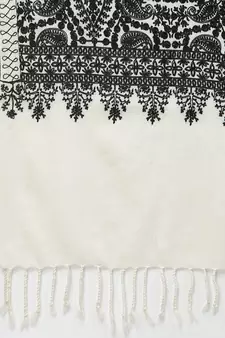 Crewel White & Black Floral Embroidered Polywool Stole