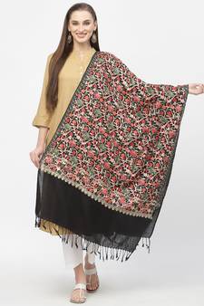 Lush Black & Multi Floral Embroidered Polywool Stole