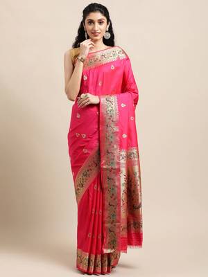 Pink woven pure paithani silk saree with blouse 1