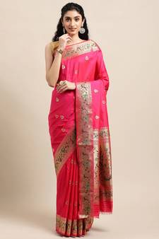 Pink woven pure paithani silk saree with blouse