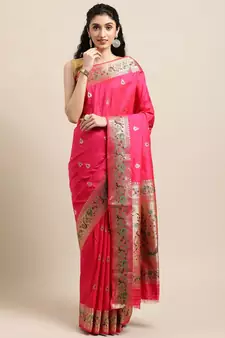 Pink woven pure paithani silk saree with blouse