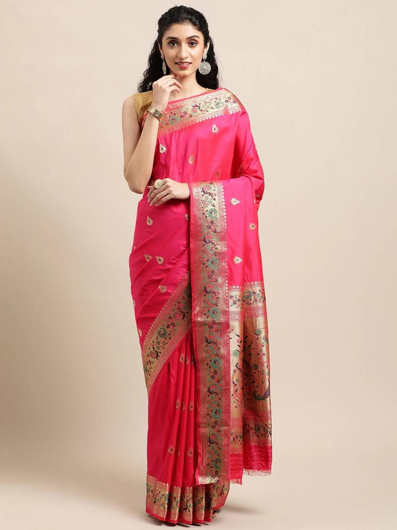 Pink woven pure paithani silk saree with blouse