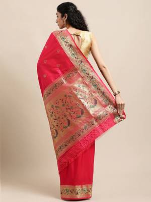 Pink woven pure paithani silk saree with blouse 2