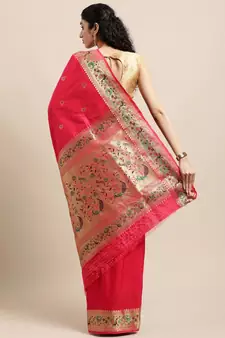 Pink woven pure paithani silk saree with blouse