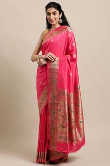 Pink woven pure paithani silk saree with blouse