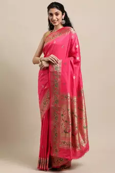Pink woven pure paithani silk saree with blouse