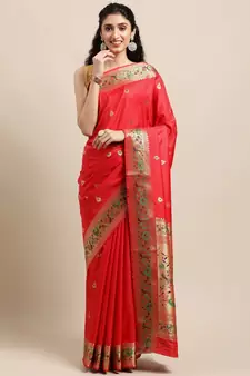 Red woven pure paithani silk saree with blouse