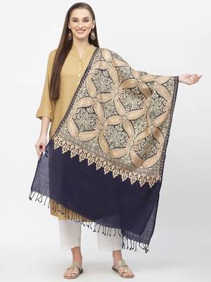 Paisan Navy & Gold Floral Embroidered Polywool Stole 1