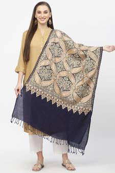 Paisan Navy & Gold Floral Embroidered Polywool Stole