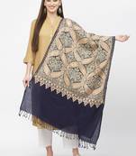 Paisan Navy & Gold Floral Embroidered Polywool Stole