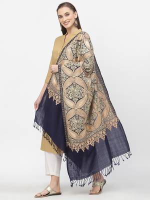 Paisan Navy & Gold Floral Embroidered Polywool Stole 2