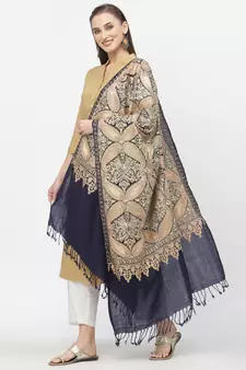 Paisan Navy & Gold Floral Embroidered Polywool Stole