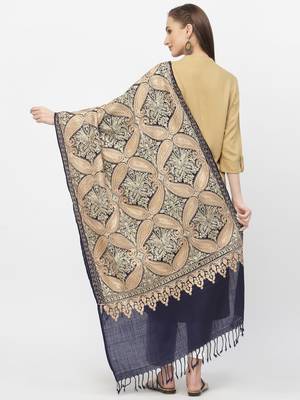 Paisan Navy & Gold Floral Embroidered Polywool Stole 3
