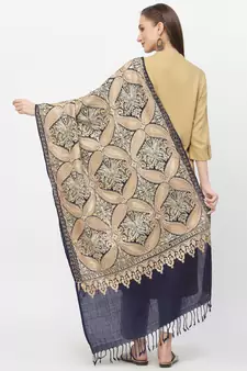 Paisan Navy & Gold Floral Embroidered Polywool Stole