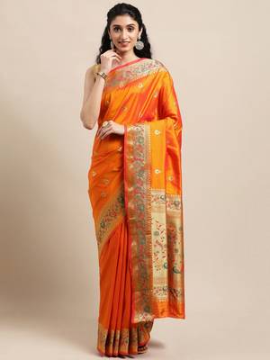 Orange woven pure paithani silk saree with blouse 1