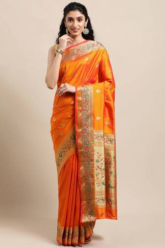 Orange woven pure paithani silk saree with blouse
